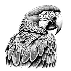 Obraz premium Detailed black and white illustration of a macaw parrot's head and shoulder
