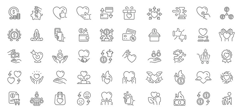 Donation and charity icons set. editable line, outline, fundraising symbols