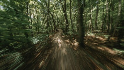 Fototapeta premium Zooming central dirt trail through deciduous woods, with trunks, canopy, sunlit litter, radial blur