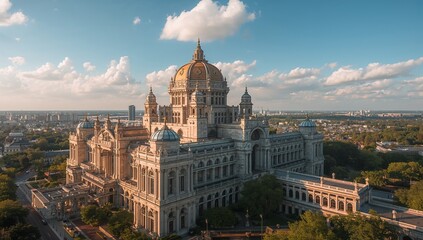 Showing grand building from drone, featuring central dome, colonnades, arched windows, lawns