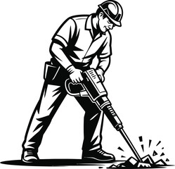 Construction worker using jackhammer, professional builder in hard hat breaking concrete with tool