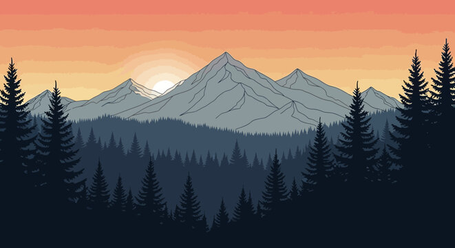 Serene mountain landscape with a vibrant sunrise over peak silhouettes and dense pine forests. Scenic vector illustration of nature.