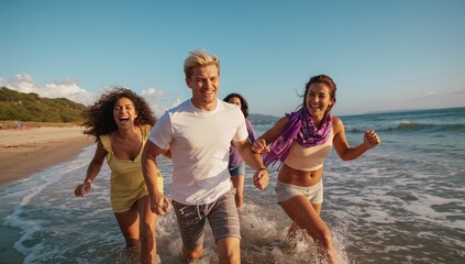 Obraz premium Running friends holding hands and splashing through shallow surf at beach, showing purple scarf