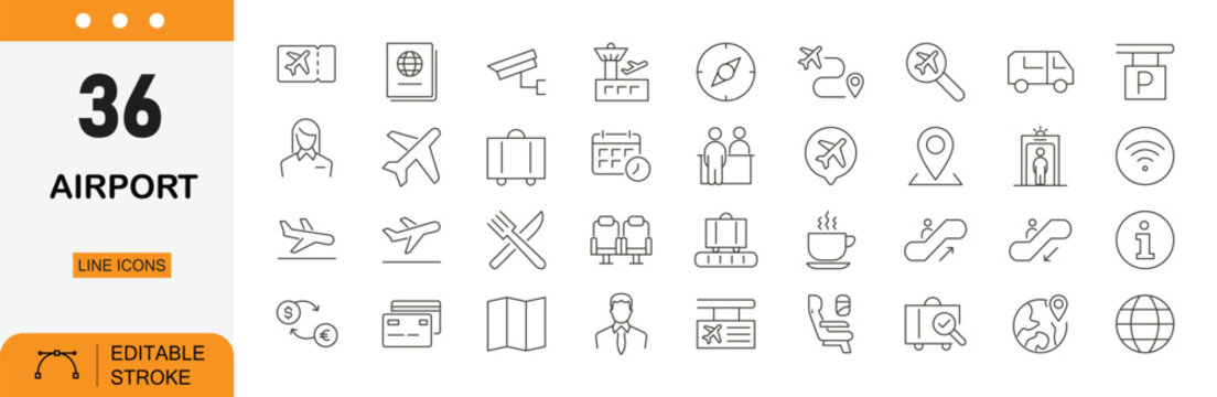 Airport line icons set. Air travel, aviation, and transportation symbols collection. Plane, terminal, departure. Editable stroke.