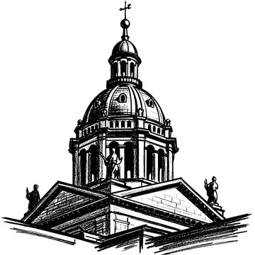 Detailed ink sketch of a grand dome building with classical architectural elements and statues