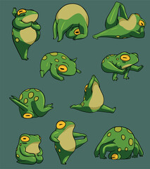 Obraz premium Funny Frog Yoga Poses Set - Cute Cartoon Green Toads Doing Splits and Meditating