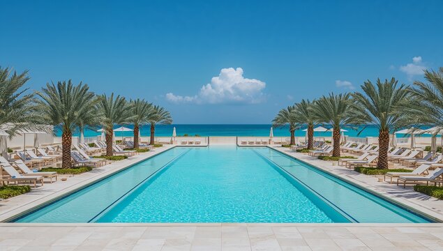 Showing long pool stretching toward ocean at beach resort, with lanes, steps, sunbeds, palms