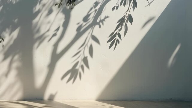 Abstract background with olive tree leaves shadows on a white wall and floor, creating a serene and natural aesthetic.