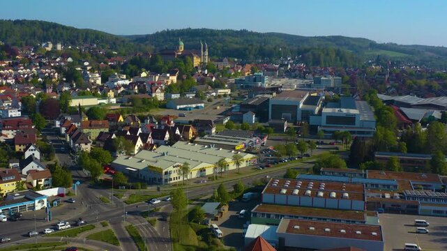 Aerial view of the city and monastery Weingarten in south Germany on a sunny afternoon in Spring 
