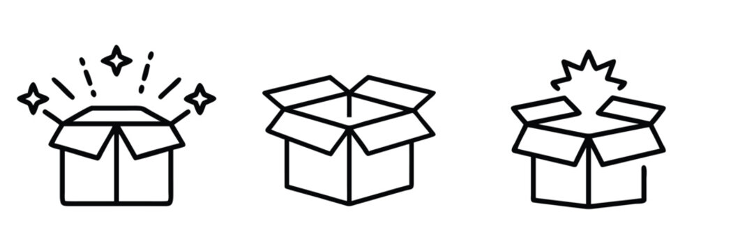Open surprise box outline icon featuring magic present package, product unboxing celebration, holiday gift discovery more vector illustration or editable stroke.