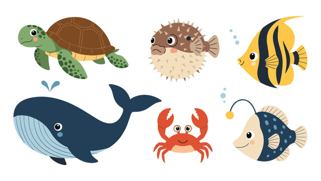 Set of six cute cartoon sea creatures including a whale, turtle, crab, pufferfish, and deep sea anglerfish for children's learning.