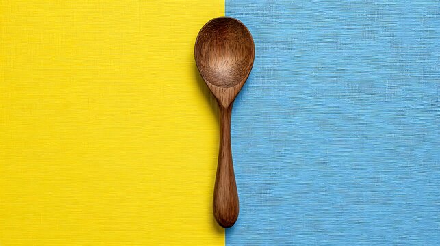 Wooden spoon centered on a split background of bright yellow and light blue, top view