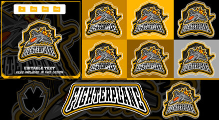 Fighter plane mascot with bold shield e-sports sports logo template. Jet and glowing orange flames, editable modern vector illustration concept style for badge, emblem. © Graphic Design