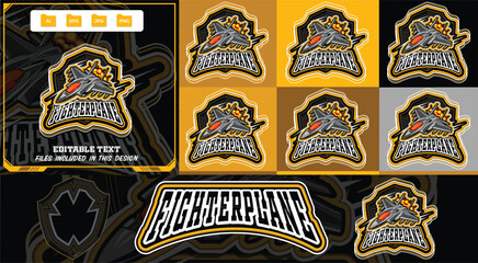 Fighter plane mascot with bold shield e-sports sports logo template. Jet and glowing orange flames, editable modern vector illustration concept style for badge, emblem. © Graphic Design