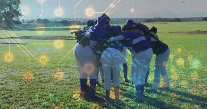 Female softball players forming pregame huddle on field while circuit overlay shifting over caps