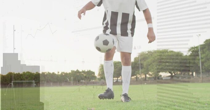 Male soccer player tapping ball, working rising juggling for skill, camera rising, chart tracking