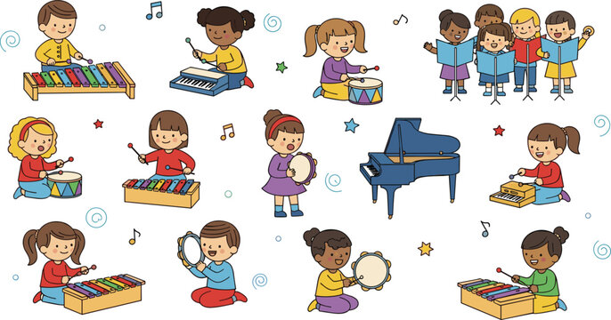 Vector Set of Cute Children Playing Musical Instruments and Singing in a Choir Isolated on White for Music Education and School Activity