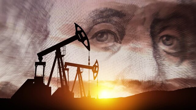 The change in oil prices caused by the war. Oil price cap concept. Oil drilling derricks at desert oilfield. Oil pump on background of US dollar. Petroleum production.