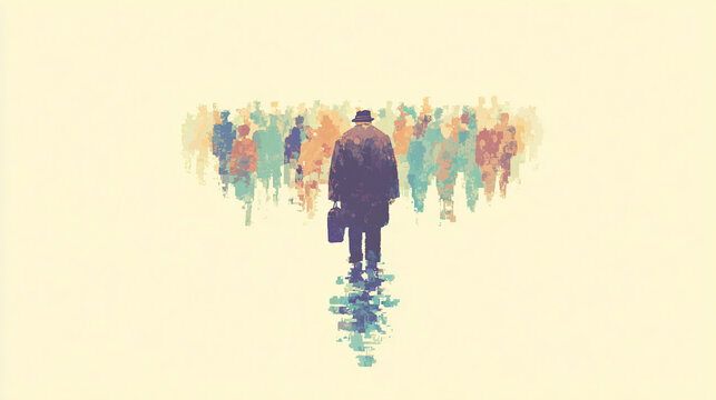 Lone Traveler Walking Toward Unknown Crowd Conceptual Editorial Watercolor Illustration With Copy Space