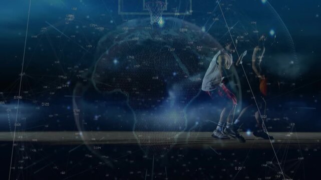 Basketball attacker shifting weight, dribbling to hoop while globe overlay tracking motion to score