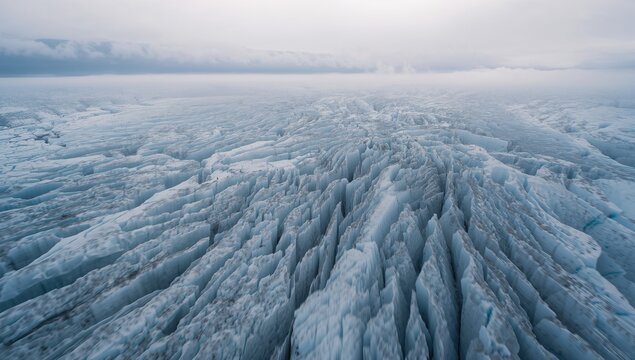 Stretching central swath of jagged ice ridges and deep crevasses toward distant horizon, low clouds