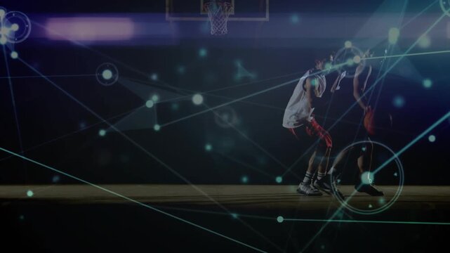 Lead player initiating drive to score, defender contesting, sports HUD tracking ball toward hoop