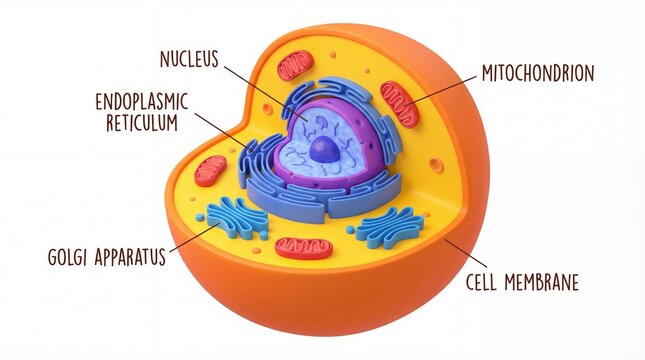 Detailed Animal Cell Model: Nucleus Endoplasmic Reticulum Golgi Apparatus Mitochondrion Cell Membrane.