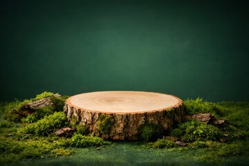 Fototapeta premium Forest background with a mossy tree stump on dark green, product display stand