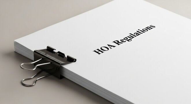 Close-up of a stack of white paper documents titled "HOA Regulations" held together by a black binder clip on a light gray surface, representing legal guidelines and community rules.