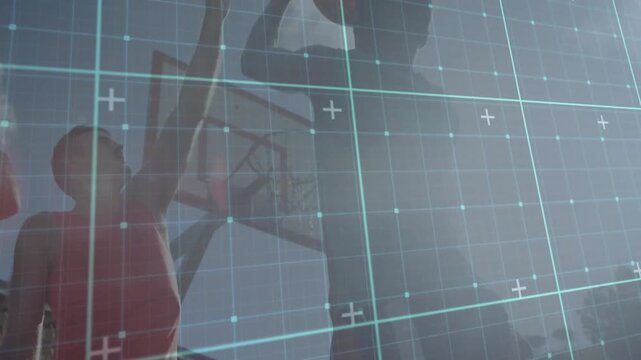 Green leaper jumping on ball appearing above rim to score, sports cyan grid overlay masking players