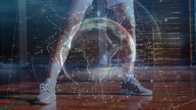 Globe overlaying basketball court teen athlete shifting, dribbling through legs, rising, training