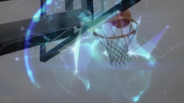 Player arm pushing basketball toward rim to score digital globe wrapping rim and ball then fading