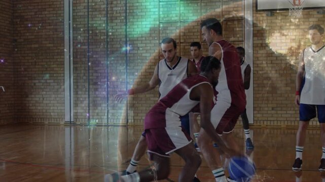 Sports guard dribbling defender lunging forcing steal maroon driving to hoop cosmic swirl over hoop