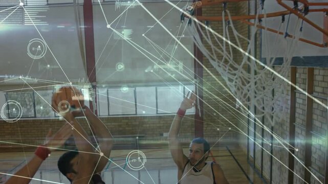 Attacker starting drive, dribbling, leaping, dunking to score while HUD tracking hoop for sports