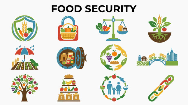 Food security icon set, vector illustrations representing global hunger, farming, and healthy eating. Nutrition, agriculture, and sustainable food concepts