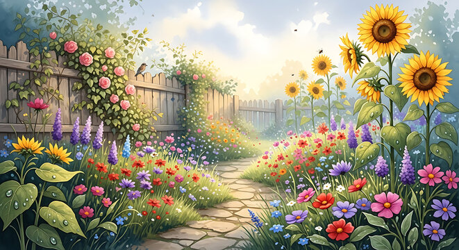 Sunny garden path with vibrant flowers
