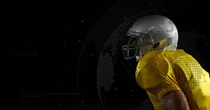 Player securing ball, leaning and turning right for sports shielding with dotted globe appearing