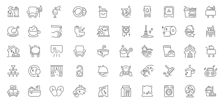 Room service icons set. editable line icons, flat design, hospitality and hotel services