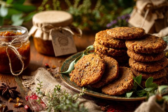 Plate of mathri with rustic background, warm inviting setting. Concept of flaky biscuit, Indian festive traditional food arrangement with herbs and spices scattered.