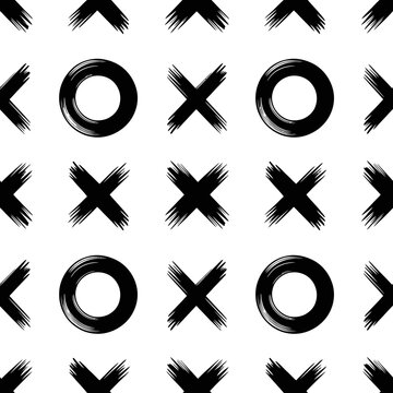 A seamless pattern of black X and O symbols on a white background
