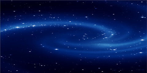 An abstract blue space background with a dark starry night sky featuring a glowing galaxy nebula and celestial light across the cosmic starfield universe © lima