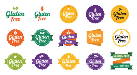 Obraz premium Gluten free labels, healthy food badges, organic design, wheat free, dietary icons, natural product, wellness branding, flat vector illustration