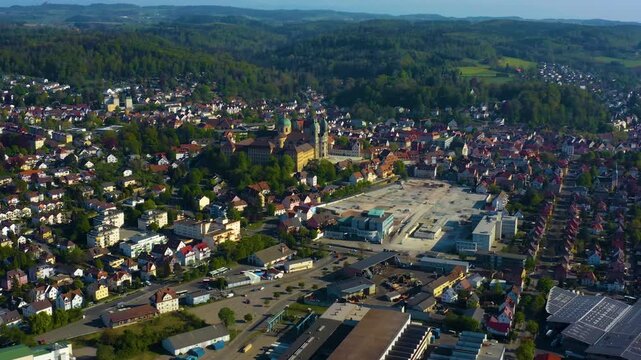 Aerial view of the city and monastery Weingarten in south Germany on a sunny afternoon in Spring 