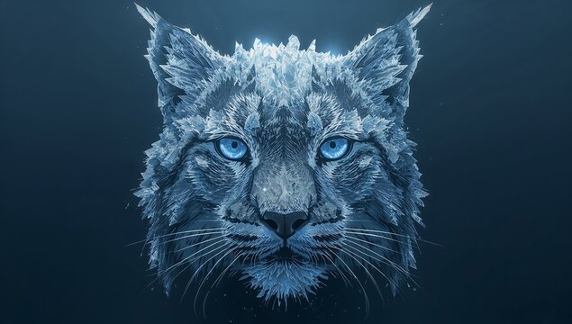 Shimmering crystalline wildcat head glowing in navy void, with bright blue eyes, tufted ears