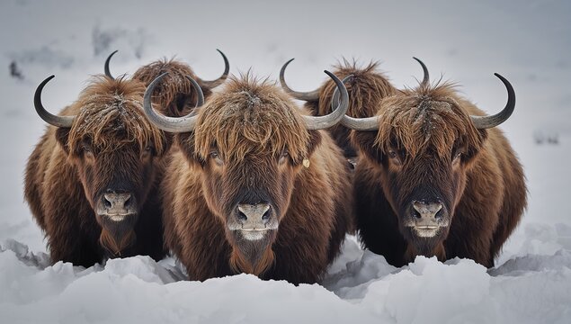 Standing three shaggy Highland cattle facing lens in snowy pasture, with curved horns, yellow tag