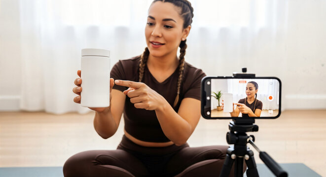 Woman fitness influencer reviews protein powder on camera for online video content