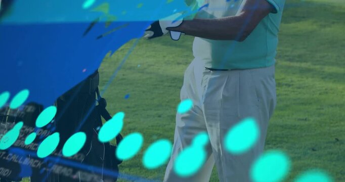 Senior golfer prepping shot, adjusting watch, organizing glove and tees as overlay sweeping 94