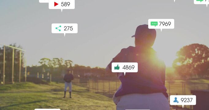 Female team and teen seeing alerts popping while pitcher winding, throwing baseball during practice