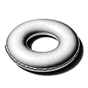 Stippled illustration of a classic ring donut with a bite taken out, isolated on white