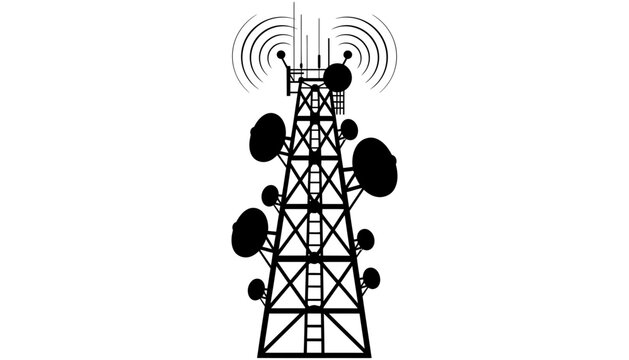 A black silhouette of a cell tower with antennas and signal waves